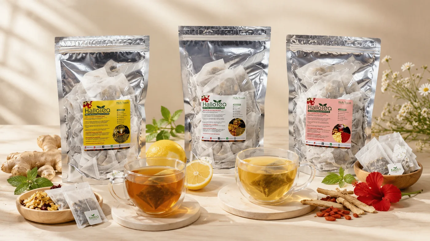 Produk HalloTea dan cawan teh