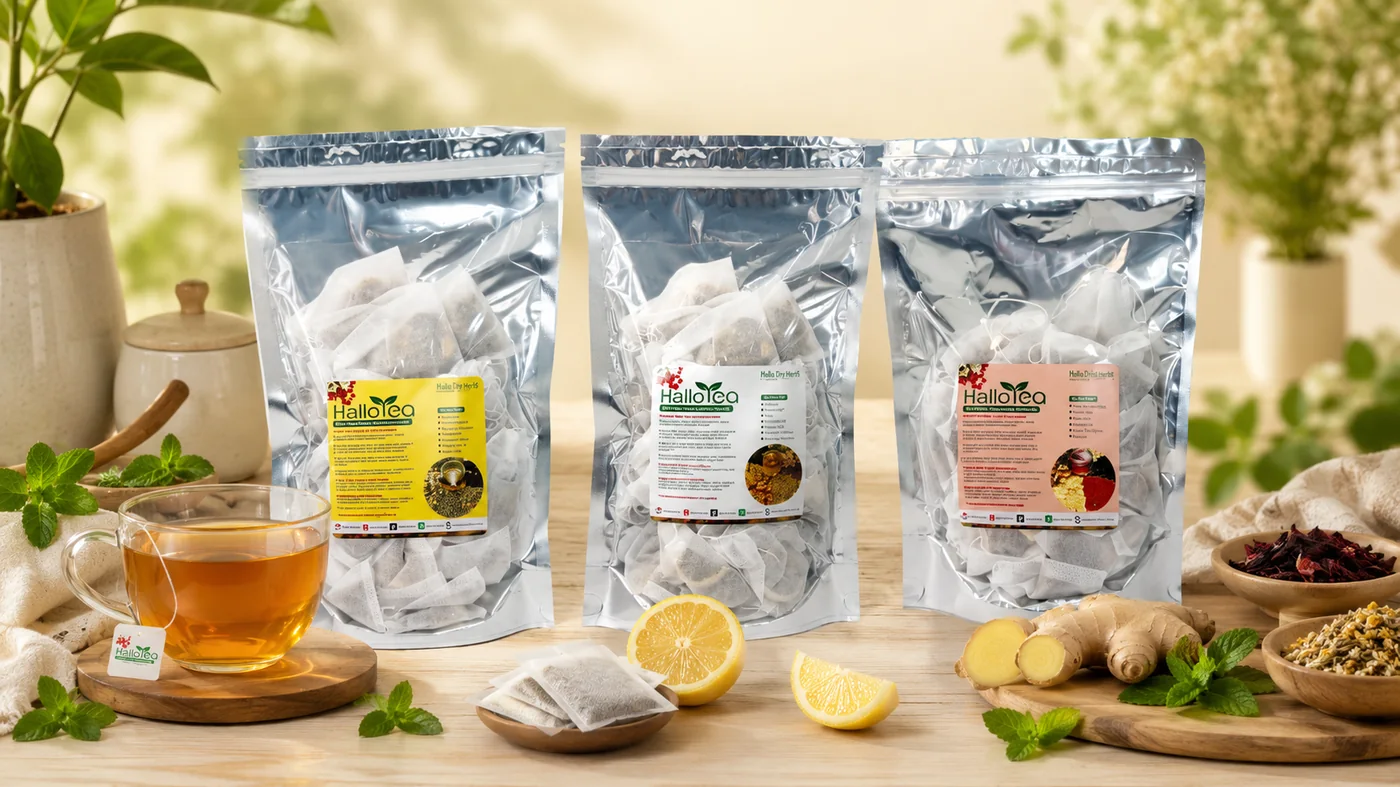 Silver pouch HalloTea herbal tea products with tea cup