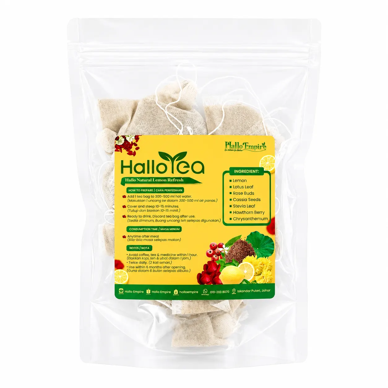 Hallo Natural Lemon Refresh is available à la carte or in a value combo with Hallo Natural Moisture Balance. Choose from 15 or 30 premium tea bags for daily refreshment.